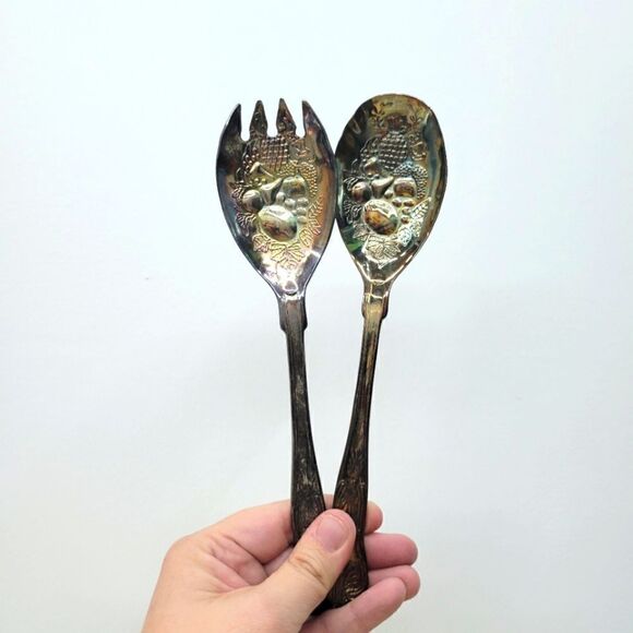 Vintage MCM Silver Plated Salad Fork and Spoon Servers - Picture 1 of 15